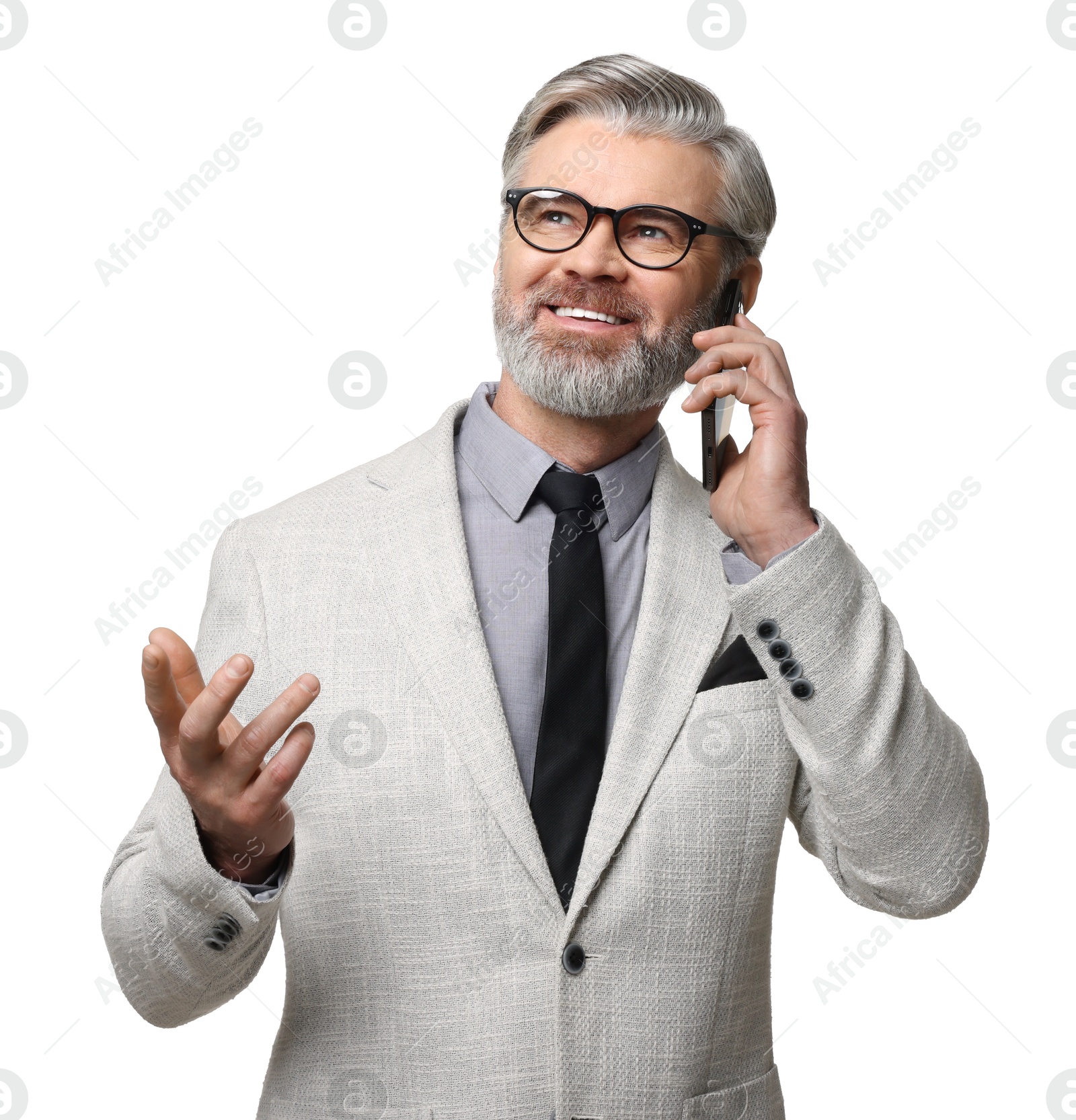 Photo of Banker talking on smartphone against white background