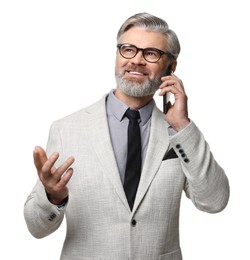 Photo of Banker talking on smartphone against white background