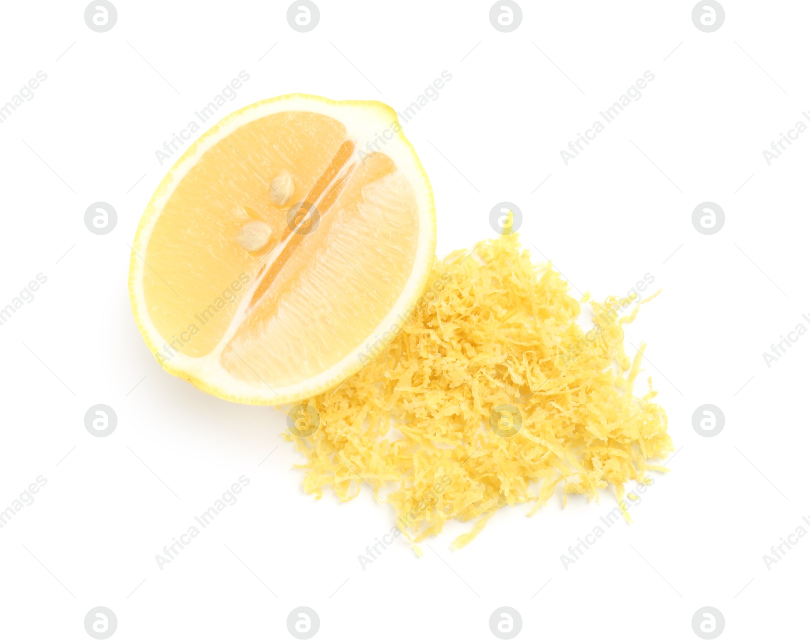 Photo of Lemon zest and fresh fruit isolated on white, top view