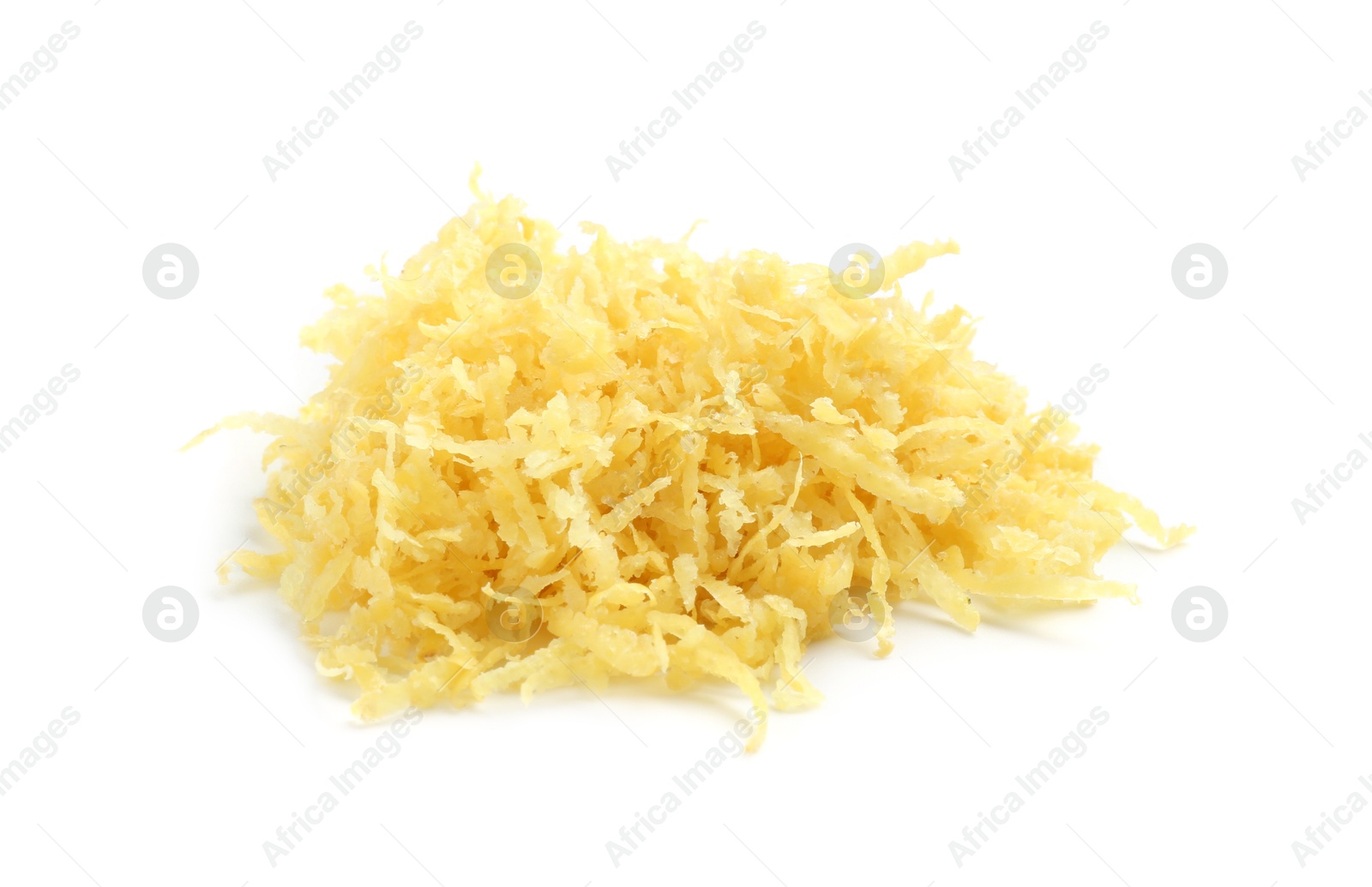 Photo of Pile of lemon zest isolated on white