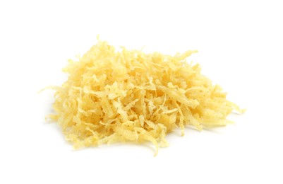 Photo of Pile of lemon zest isolated on white