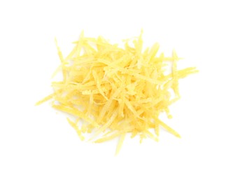 Photo of Pile of lemon zest isolated on white, top view