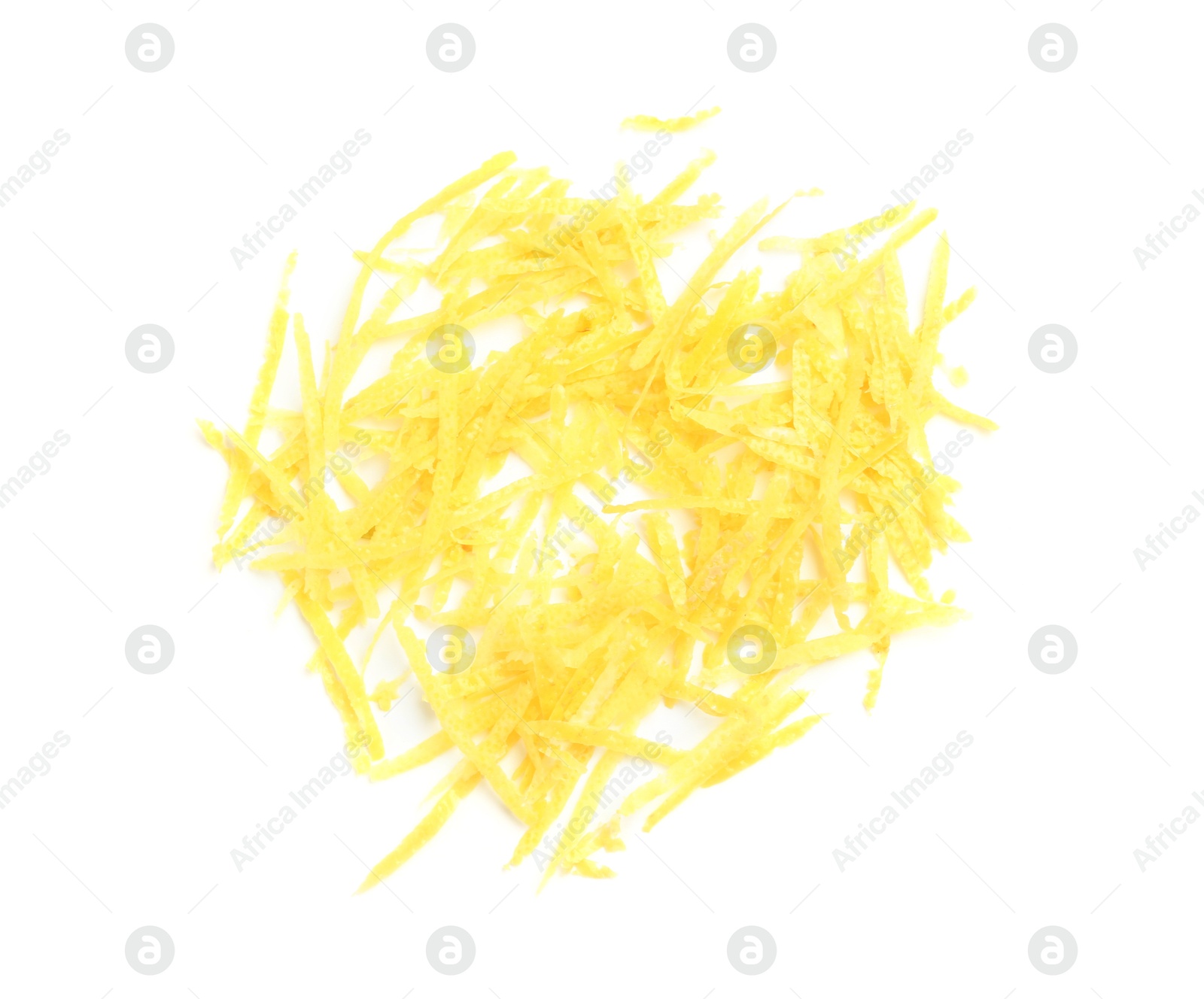 Photo of Pile of lemon zest isolated on white, top view