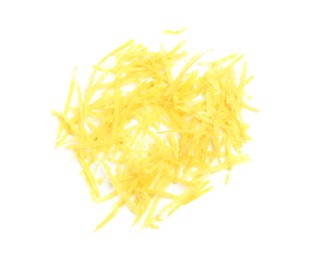 Photo of Pile of lemon zest isolated on white, top view