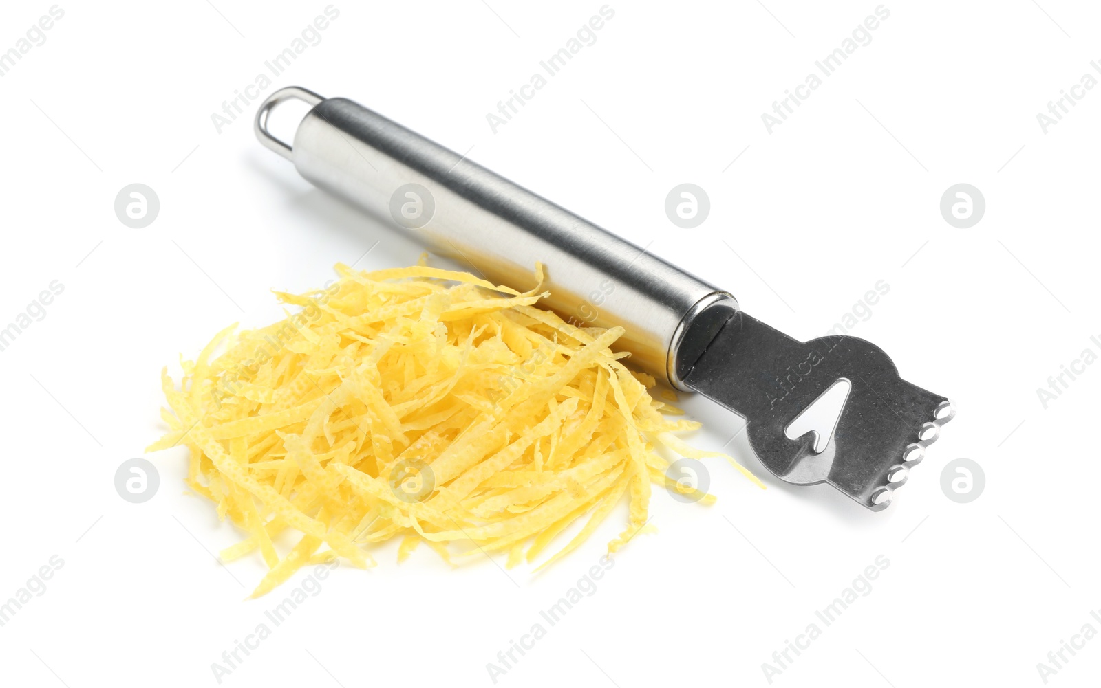 Photo of Fresh lemon zest and zester tool isolated on white