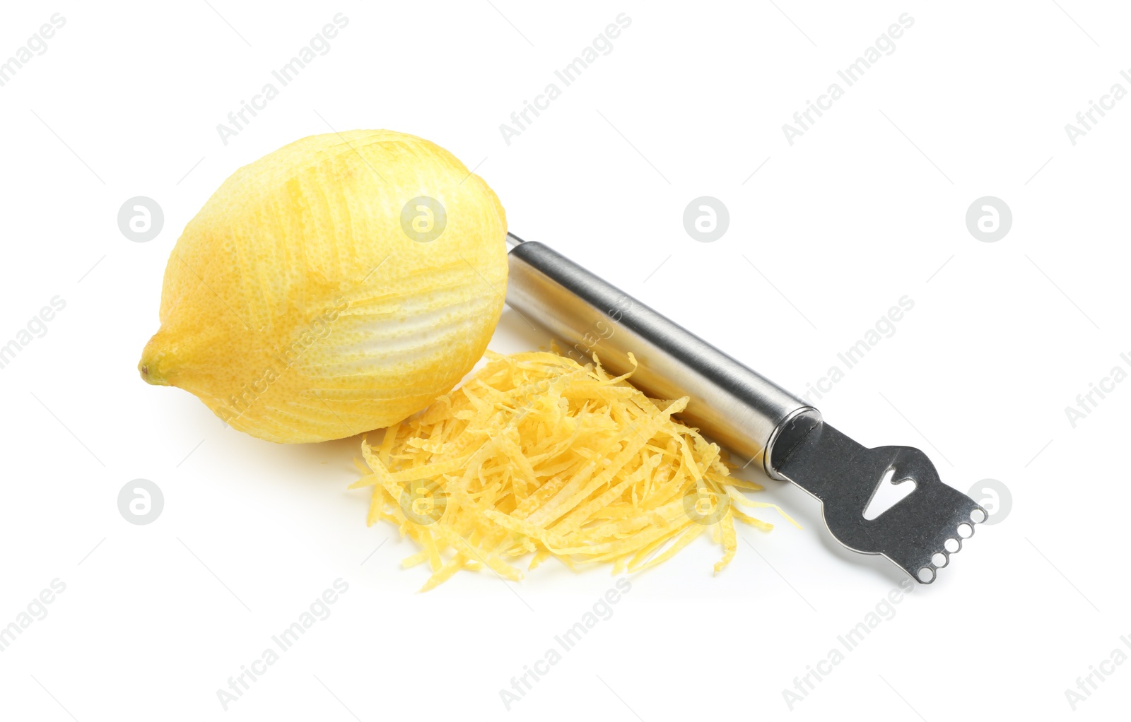 Photo of Lemon zest, fresh fruit and zester tool isolated on white