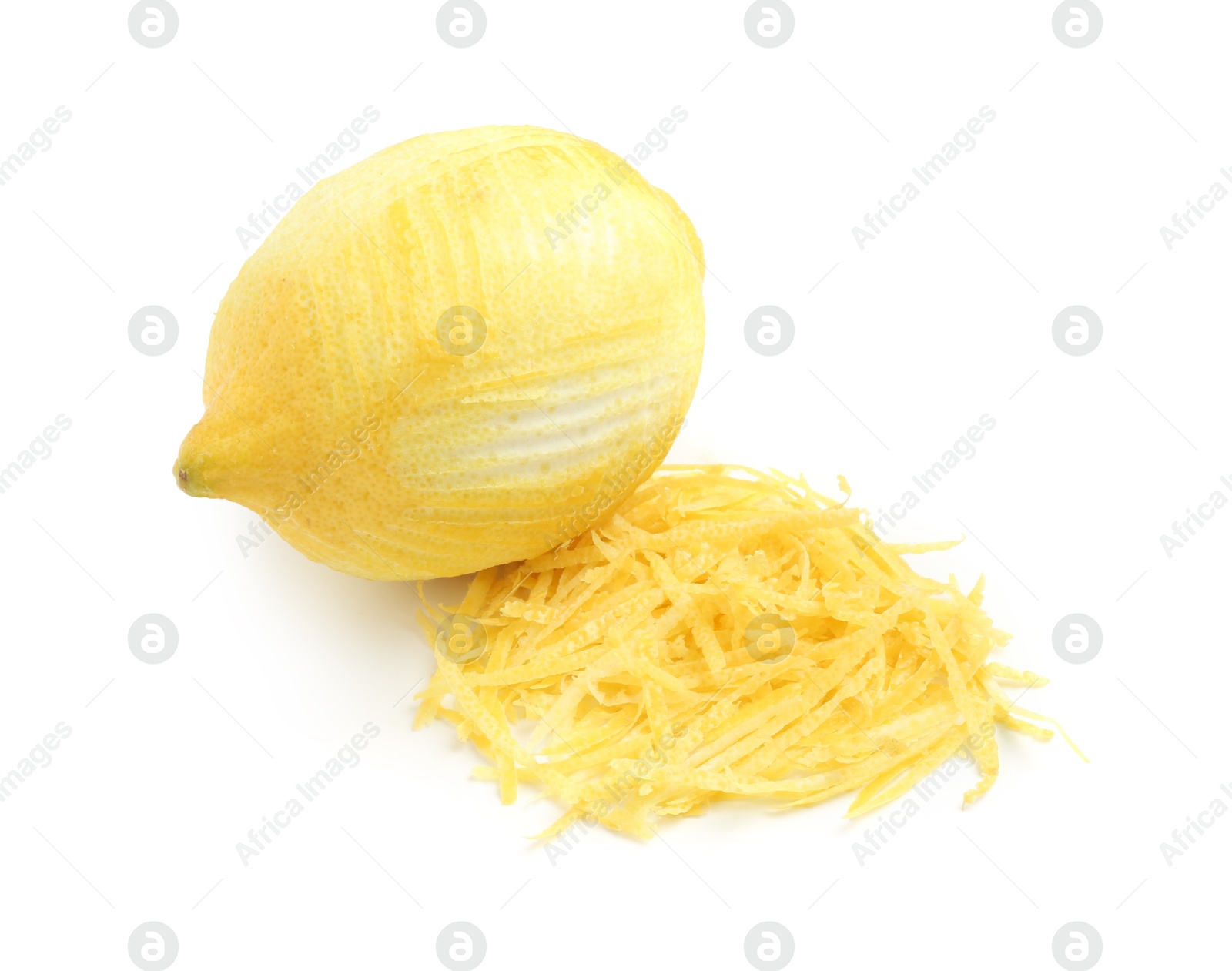 Photo of Lemon zest and fresh fruit isolated on white