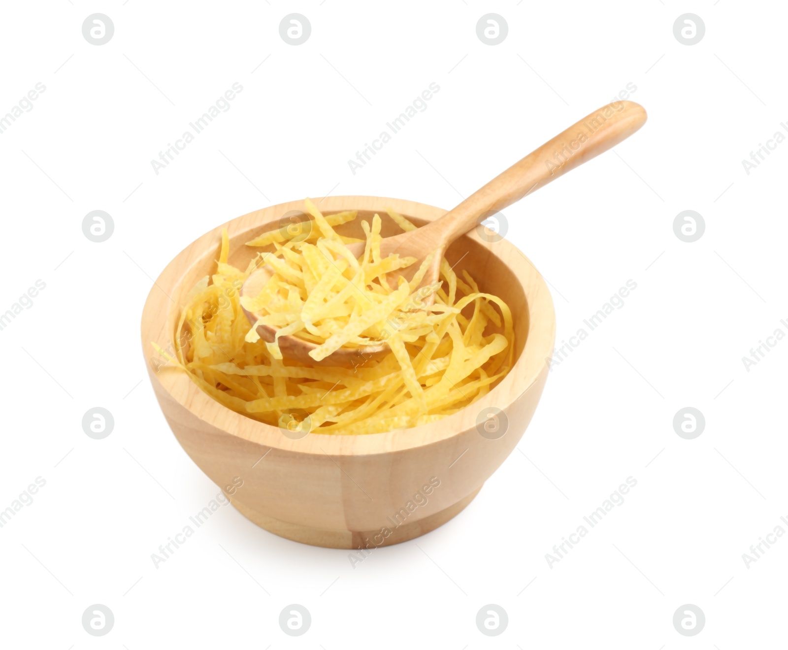 Photo of Fresh lemon zest in bowl with spoon isolated on white