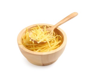 Photo of Fresh lemon zest in bowl with spoon isolated on white