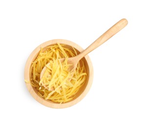 Photo of Fresh lemon zest in bowl with spoon isolated on white, top view