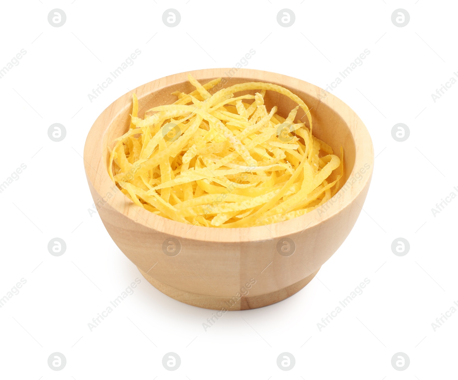 Photo of Fresh lemon zest in bowl isolated on white