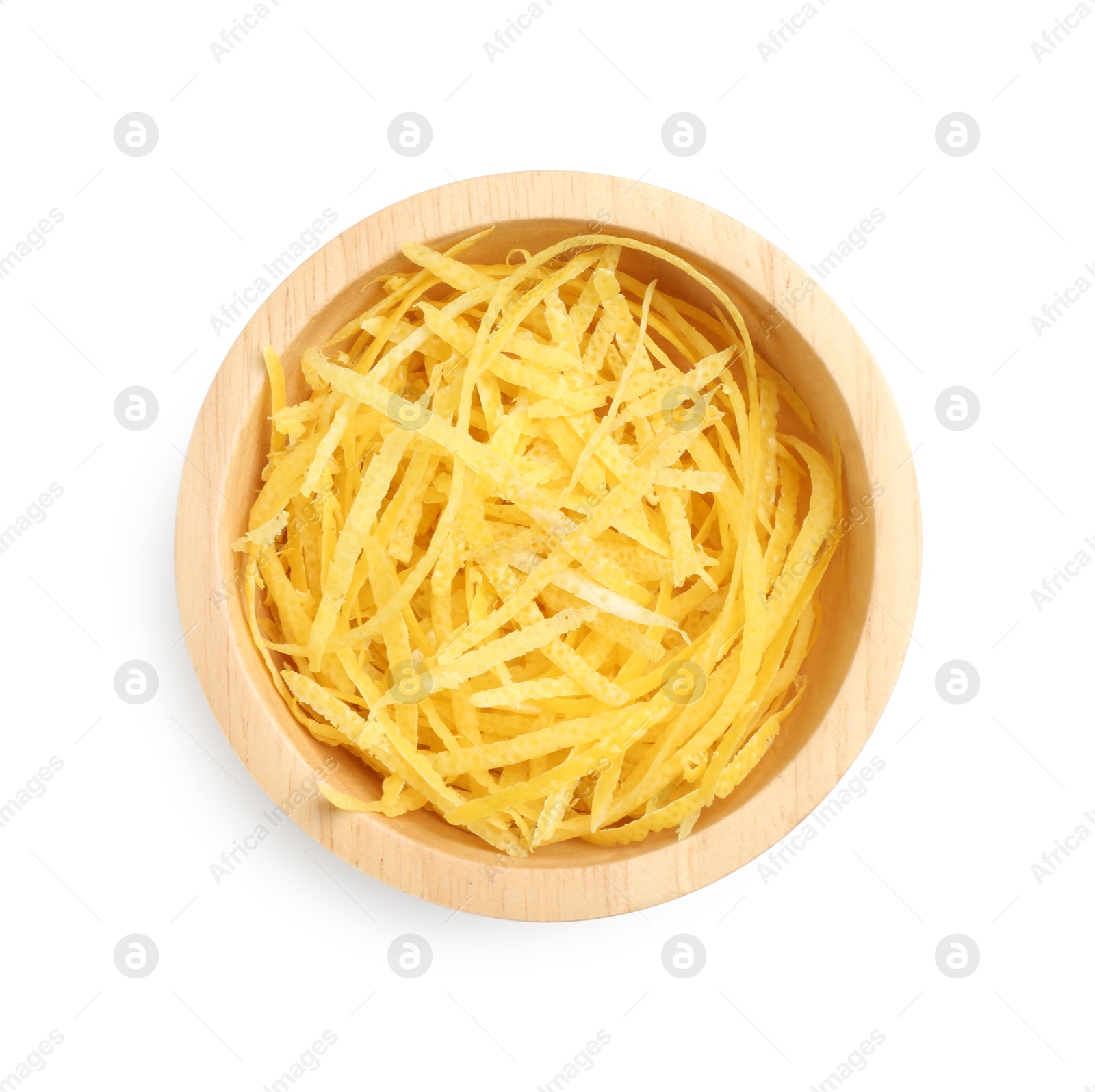 Photo of Fresh lemon zest in bowl isolated on white, top view