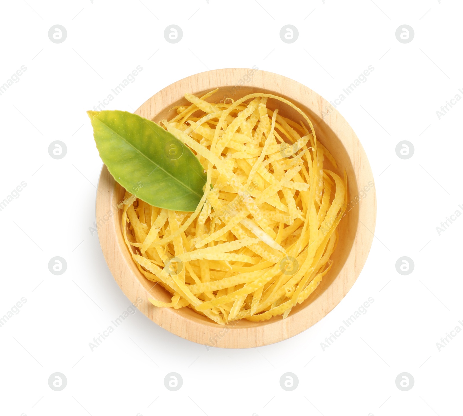 Photo of Fresh lemon zest in bowl and leaf isolated on white, top view