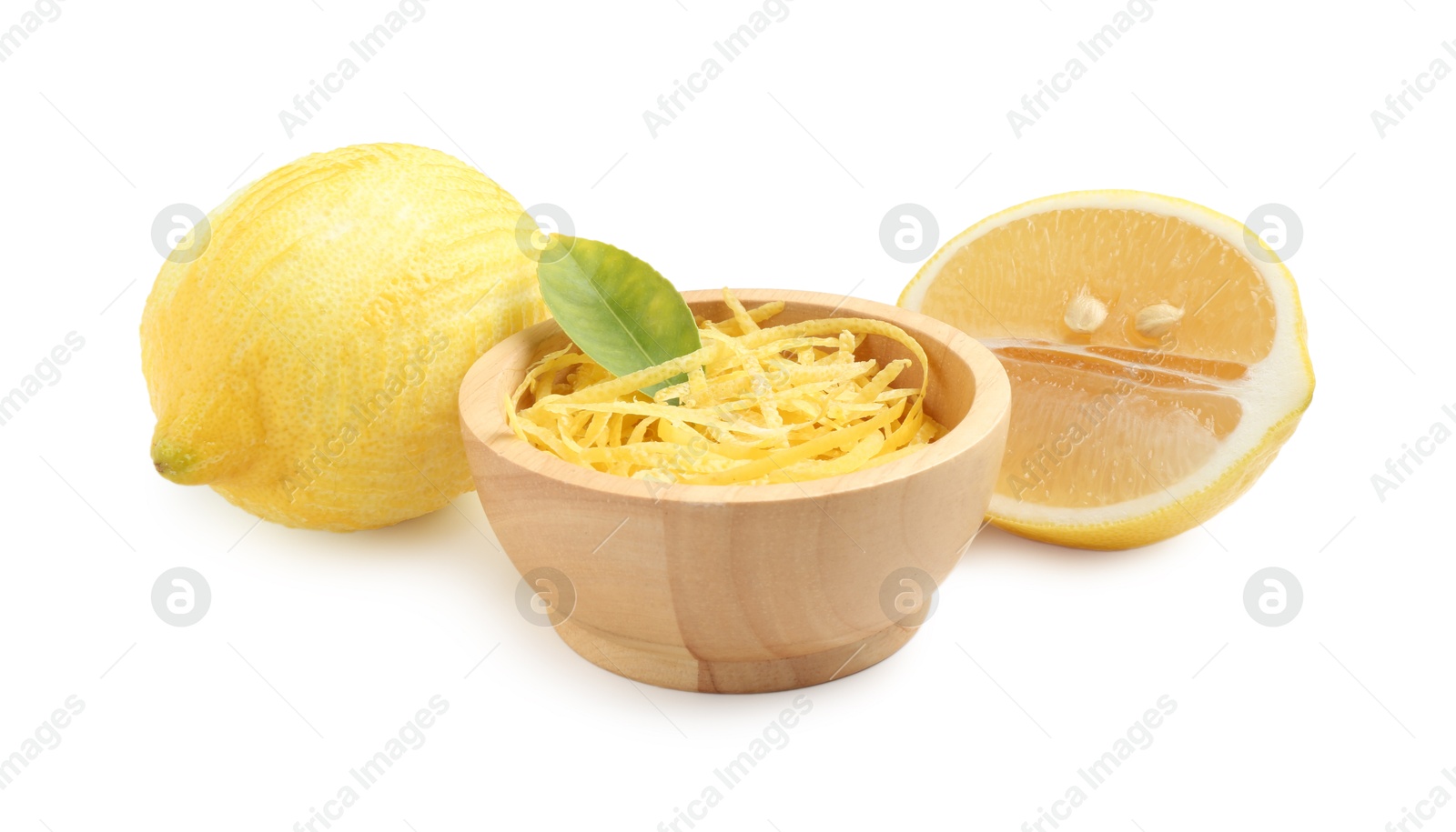 Photo of Lemon zest and fresh fruits isolated on white