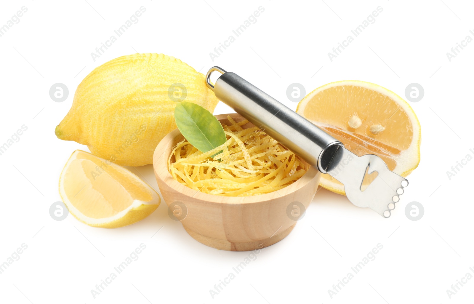 Photo of Lemon zest, zester tool and fresh fruits isolated on white