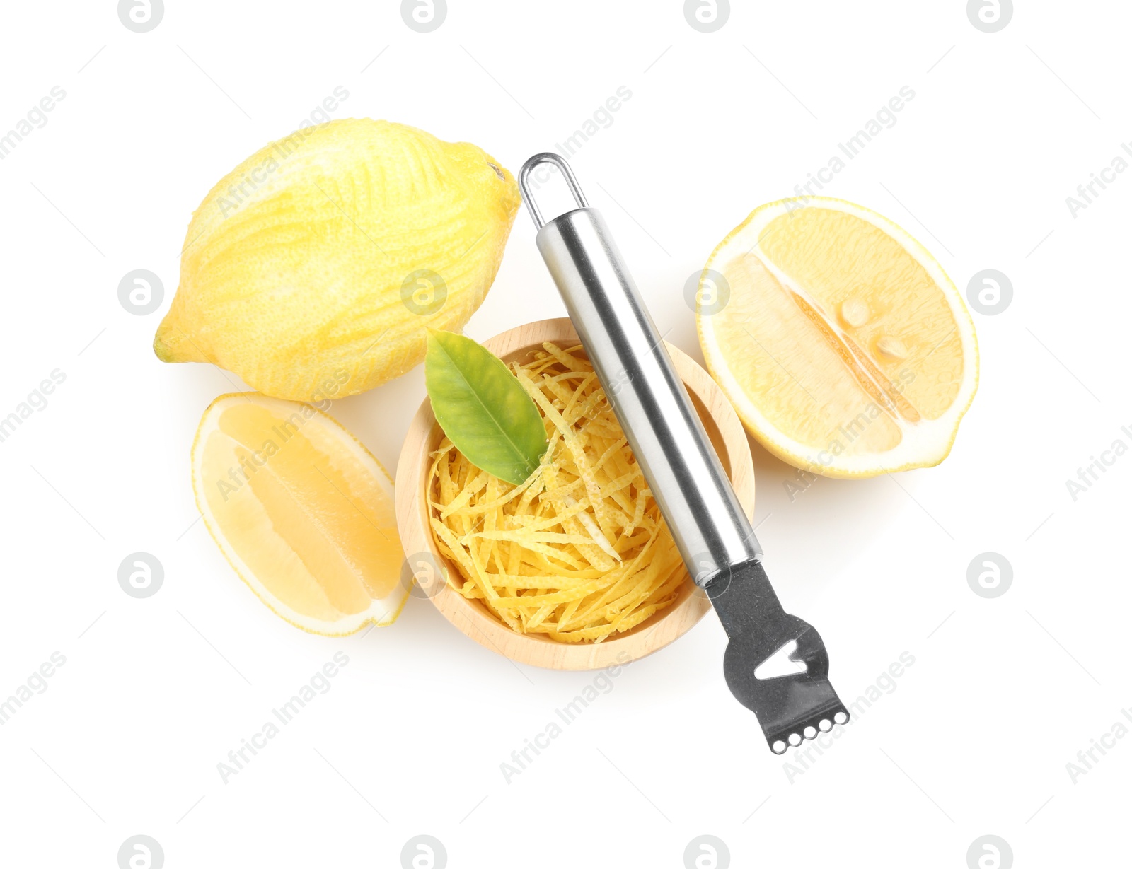 Photo of Lemon zest, zester tool and fresh fruits isolated on white, top view