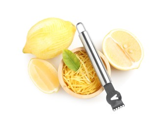 Photo of Lemon zest, zester tool and fresh fruits isolated on white, top view