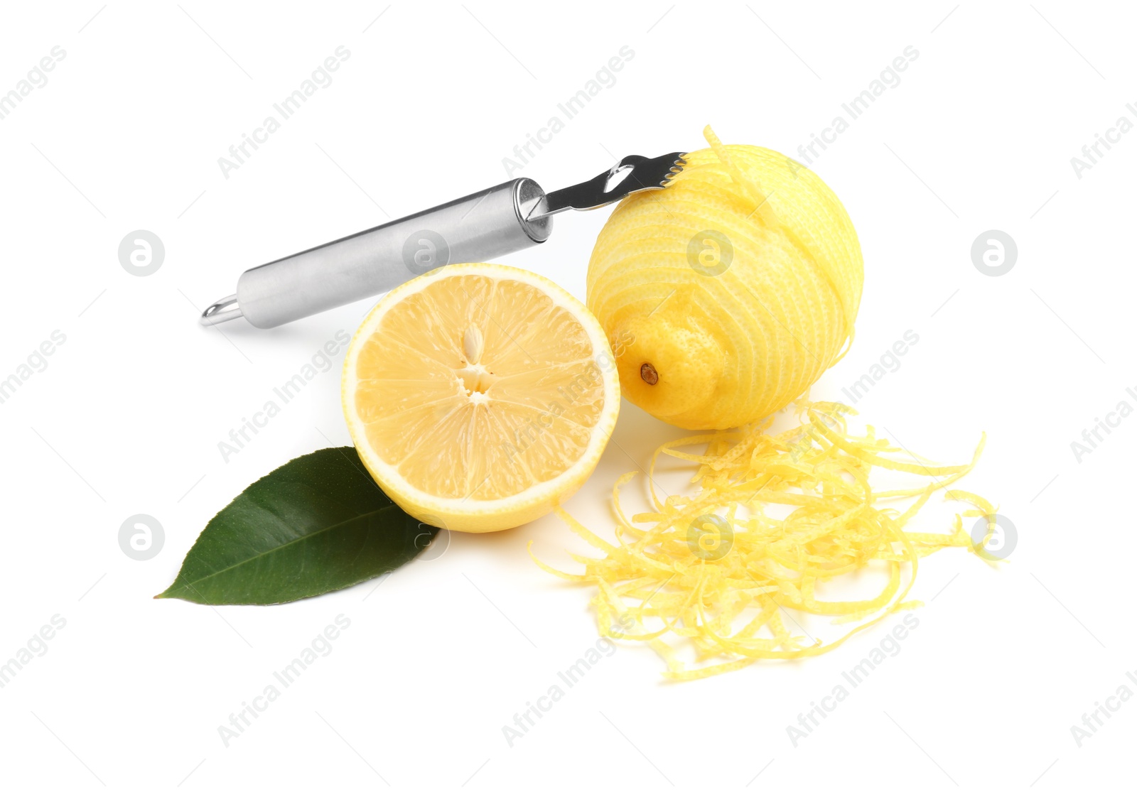 Photo of Lemon zest, fresh fruits and zester tool isolated on white