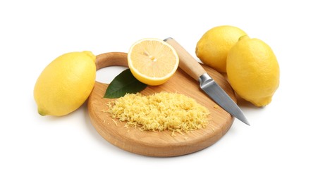 Photo of Lemon zest, fresh fruits and knife isolated on white