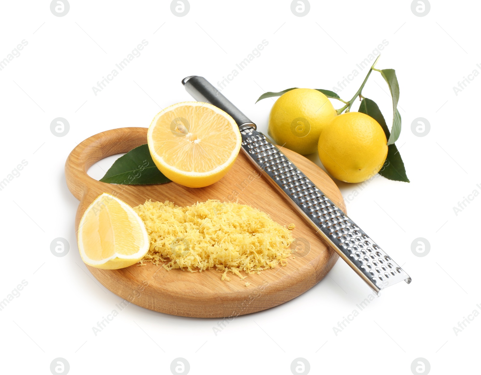 Photo of Lemon zest, fresh fruits and grater isolated on white