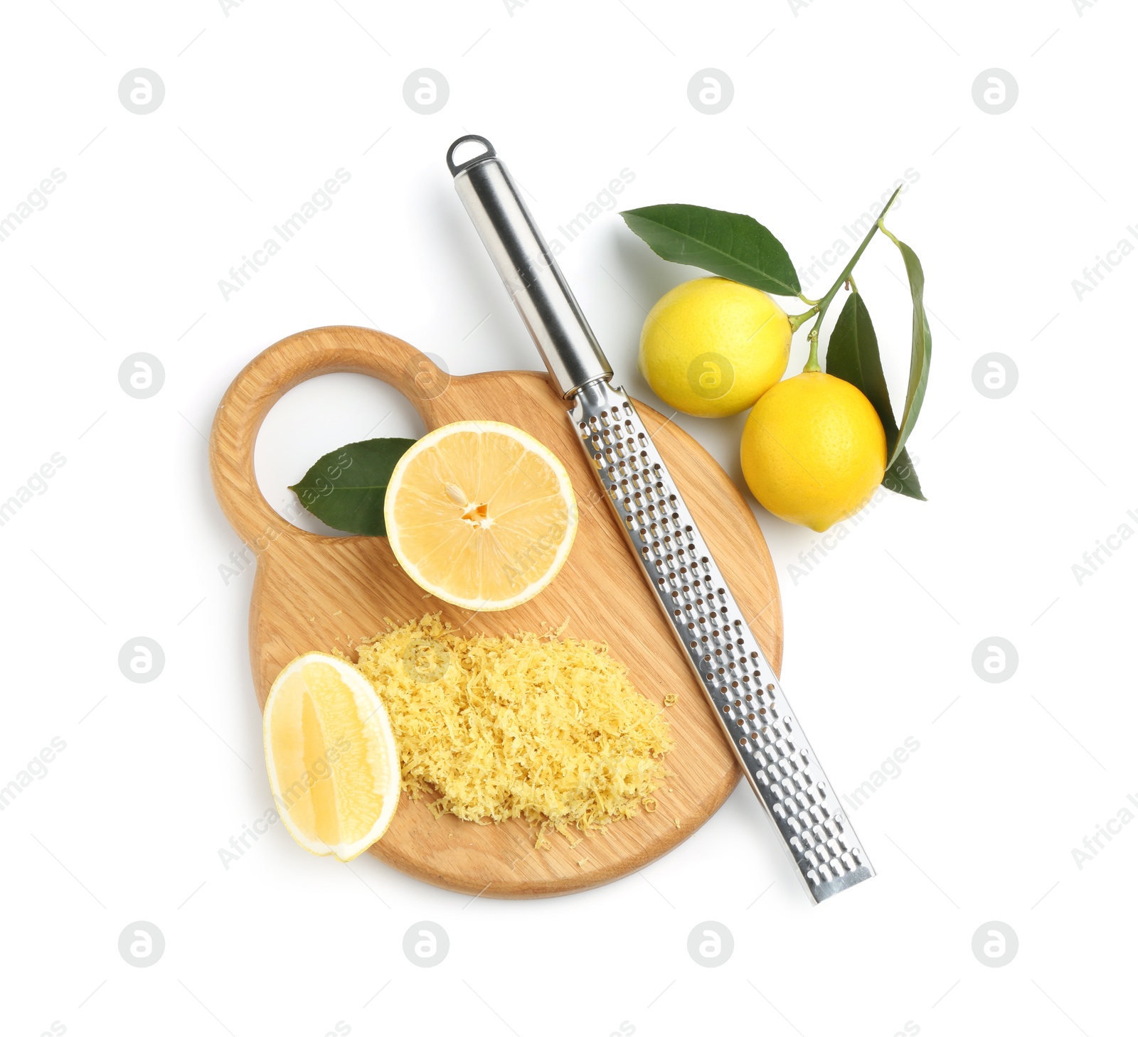 Photo of Lemon zest, fresh fruits and grater isolated on white, top view