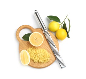 Photo of Lemon zest, fresh fruits and grater isolated on white, top view