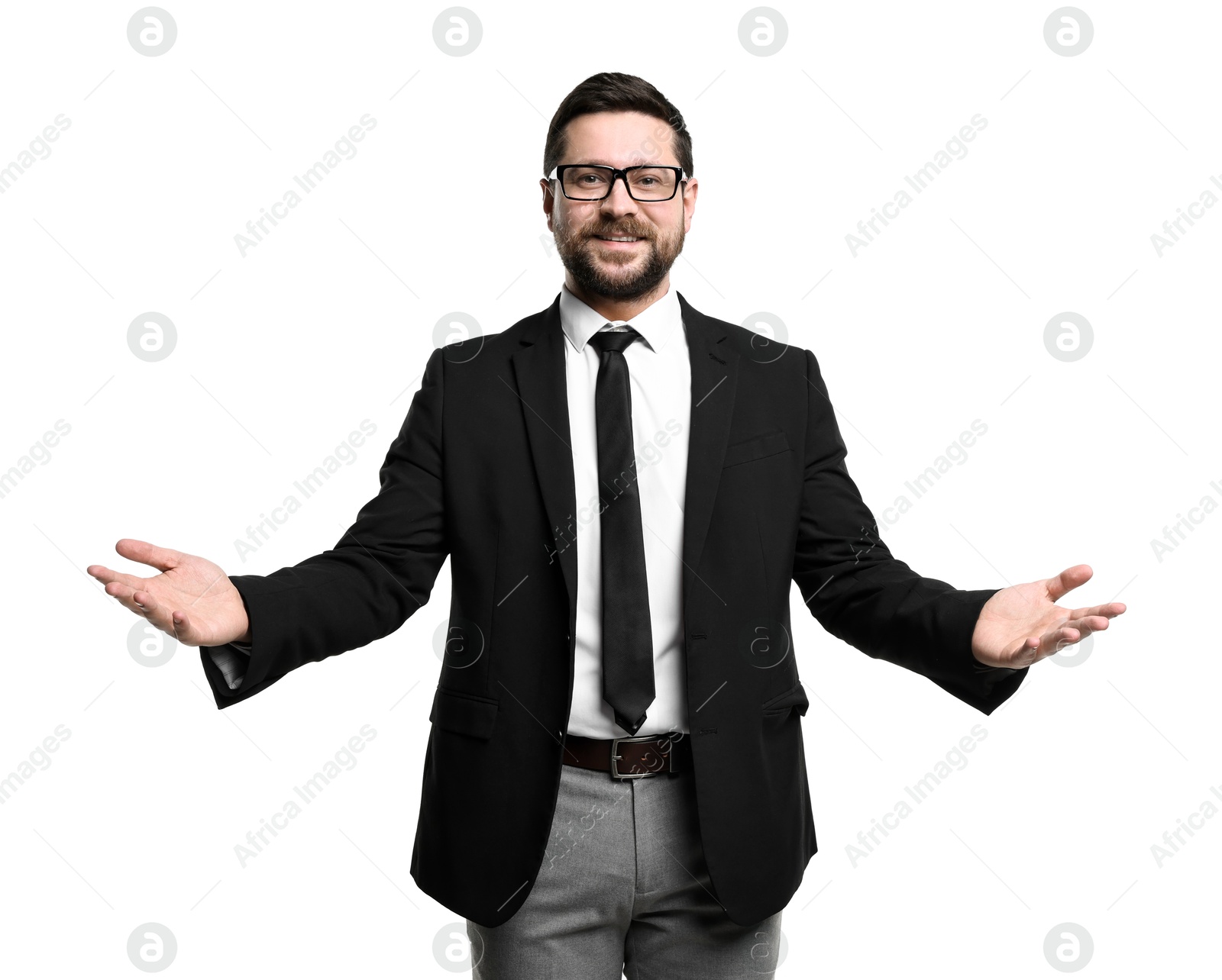 Photo of Happy businessman welcoming clients or partners on white background