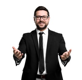 Photo of Happy businessman welcoming clients or partners on white background