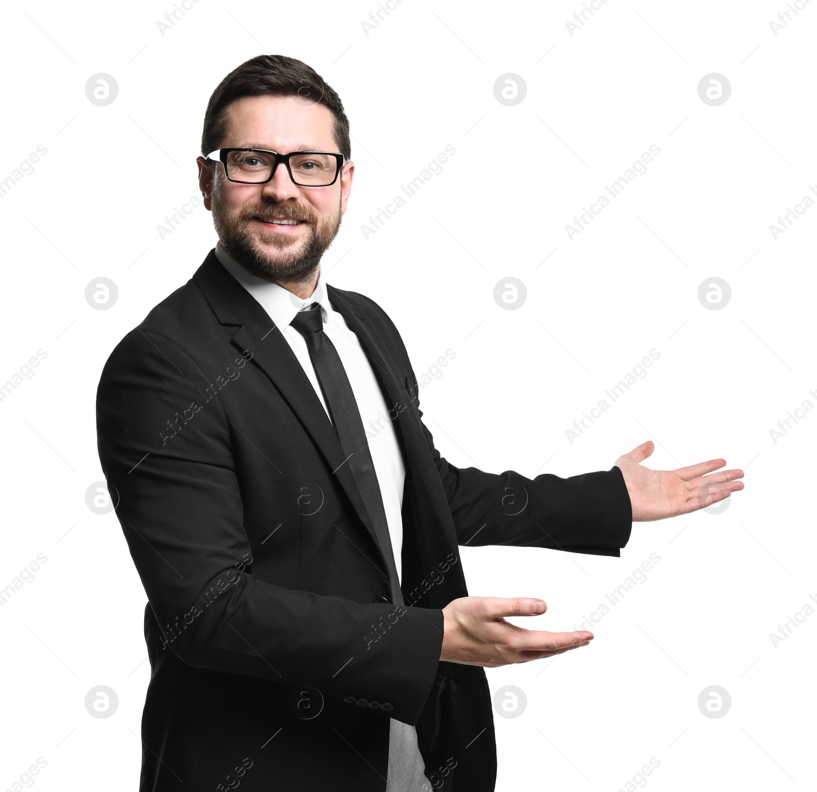 Photo of Happy businessman welcoming clients or partners on white background