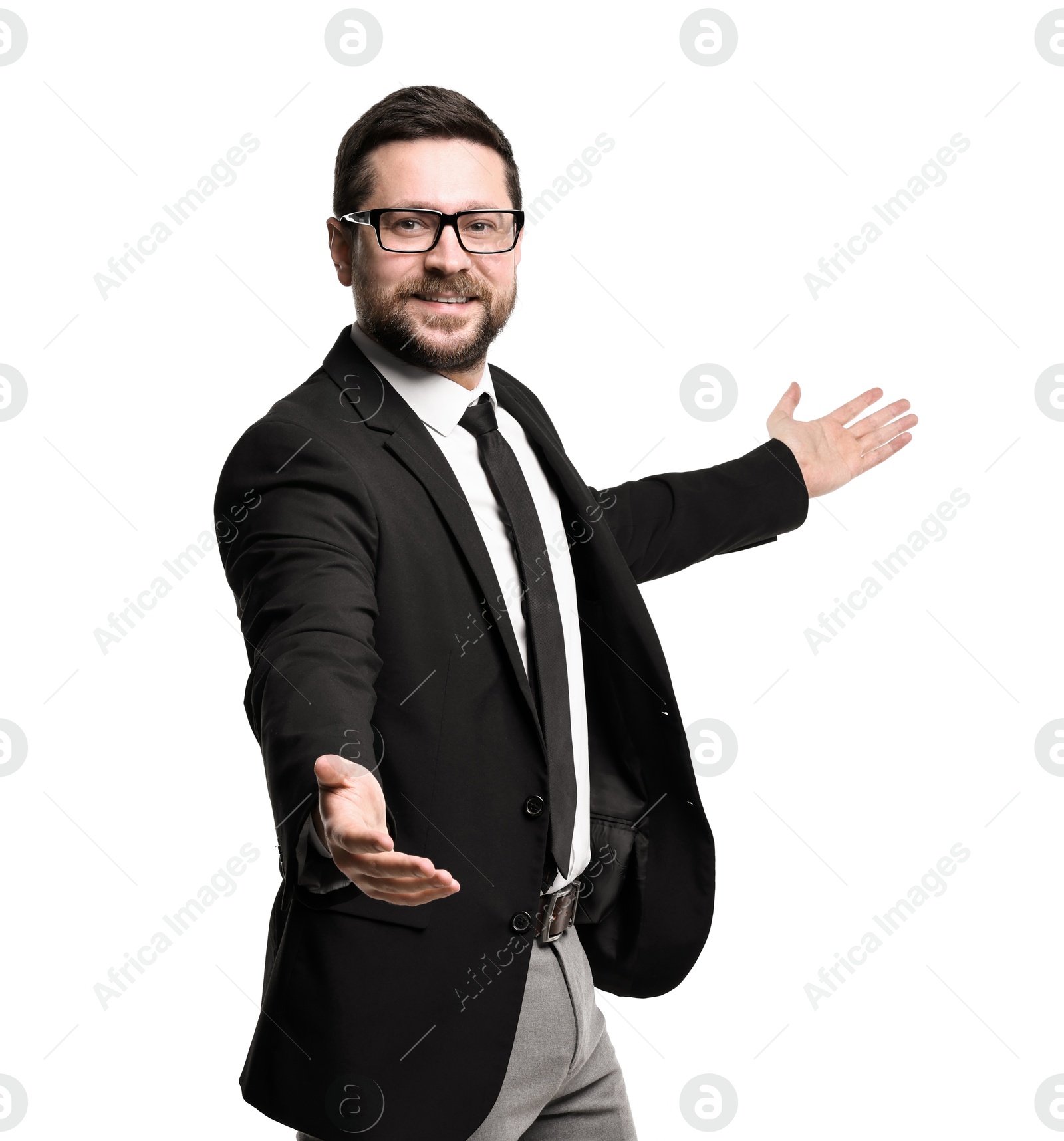 Photo of Happy businessman welcoming clients or partners on white background