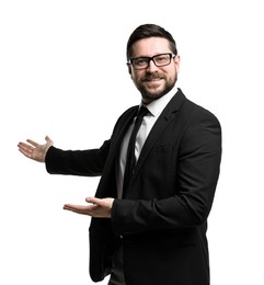 Photo of Happy businessman welcoming clients or partners on white background