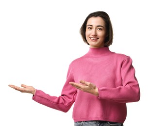 Photo of Cheerful woman welcoming friends or guests on white background