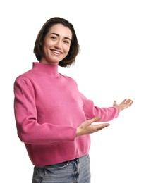 Photo of Cheerful woman welcoming friends or guests on white background