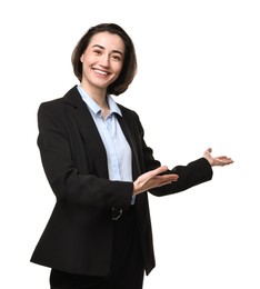 Photo of Happy businesswoman welcoming clients or partners on white background