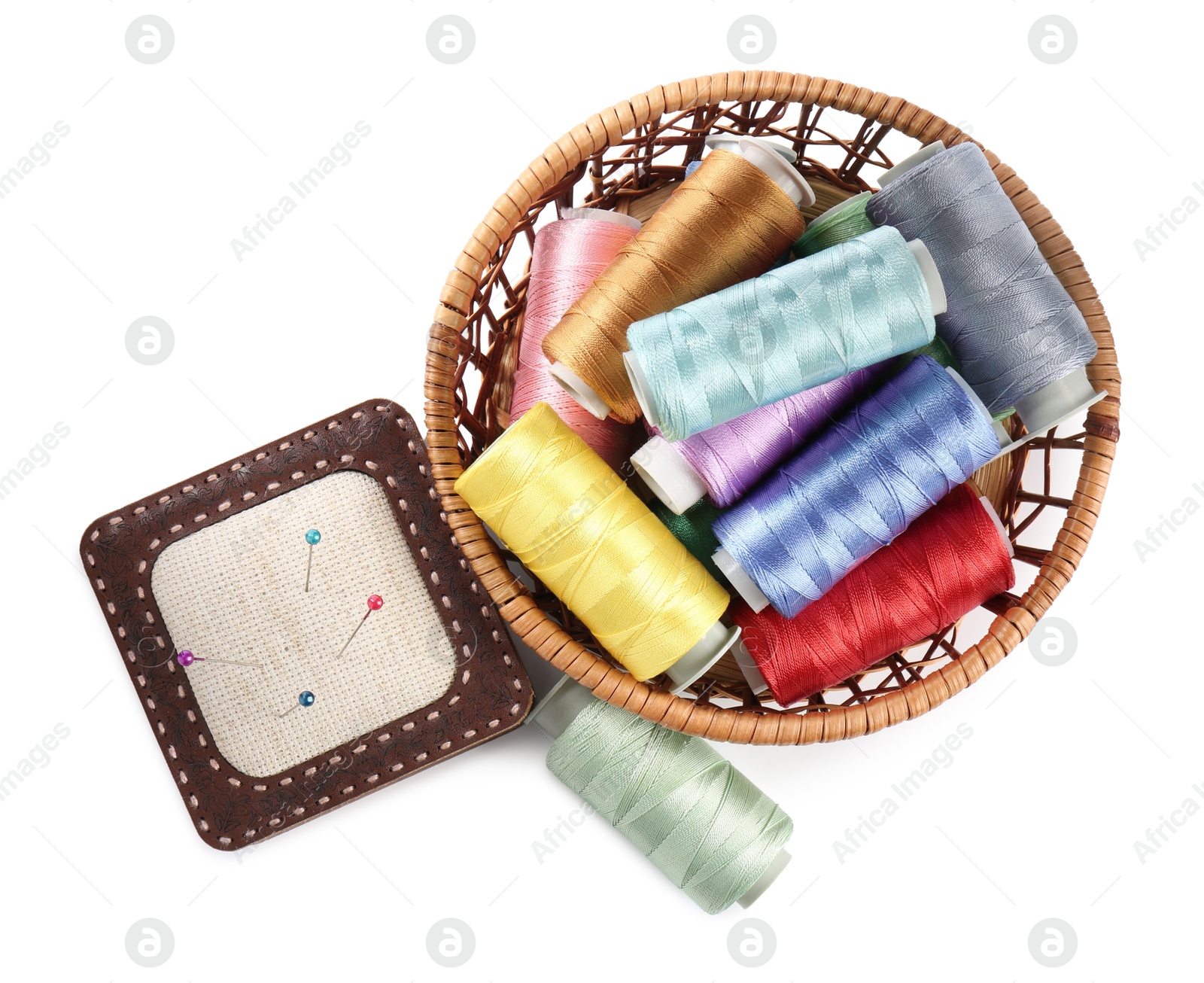 Photo of Different sewing supplies isolated on white, top view