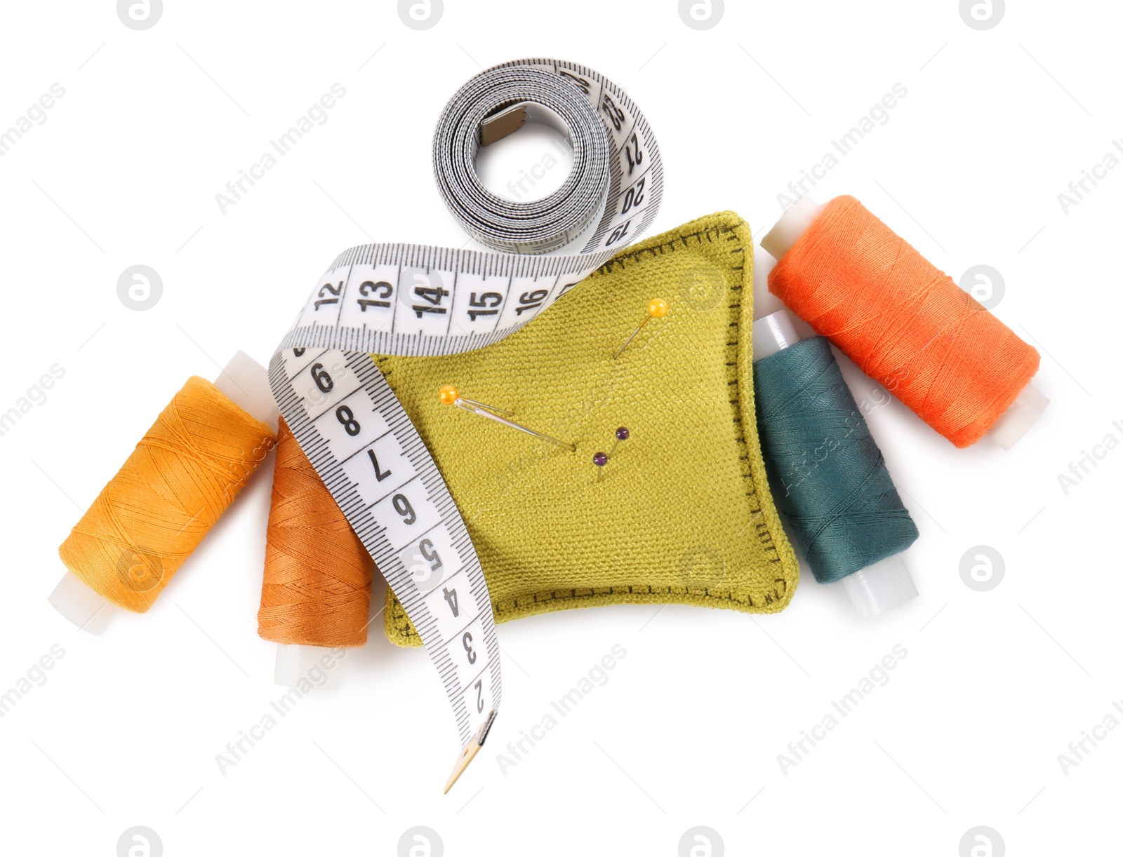 Photo of Different sewing supplies isolated on white, top view