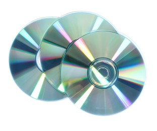 Photo of Shiny compact discs isolated on white, top view