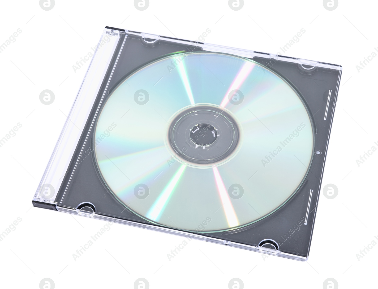 Photo of Shiny compact disc in jewel case isolated on white