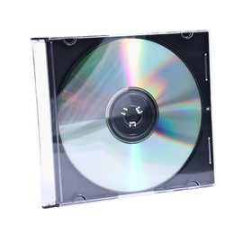 Photo of Shiny compact disc in jewel case isolated on white