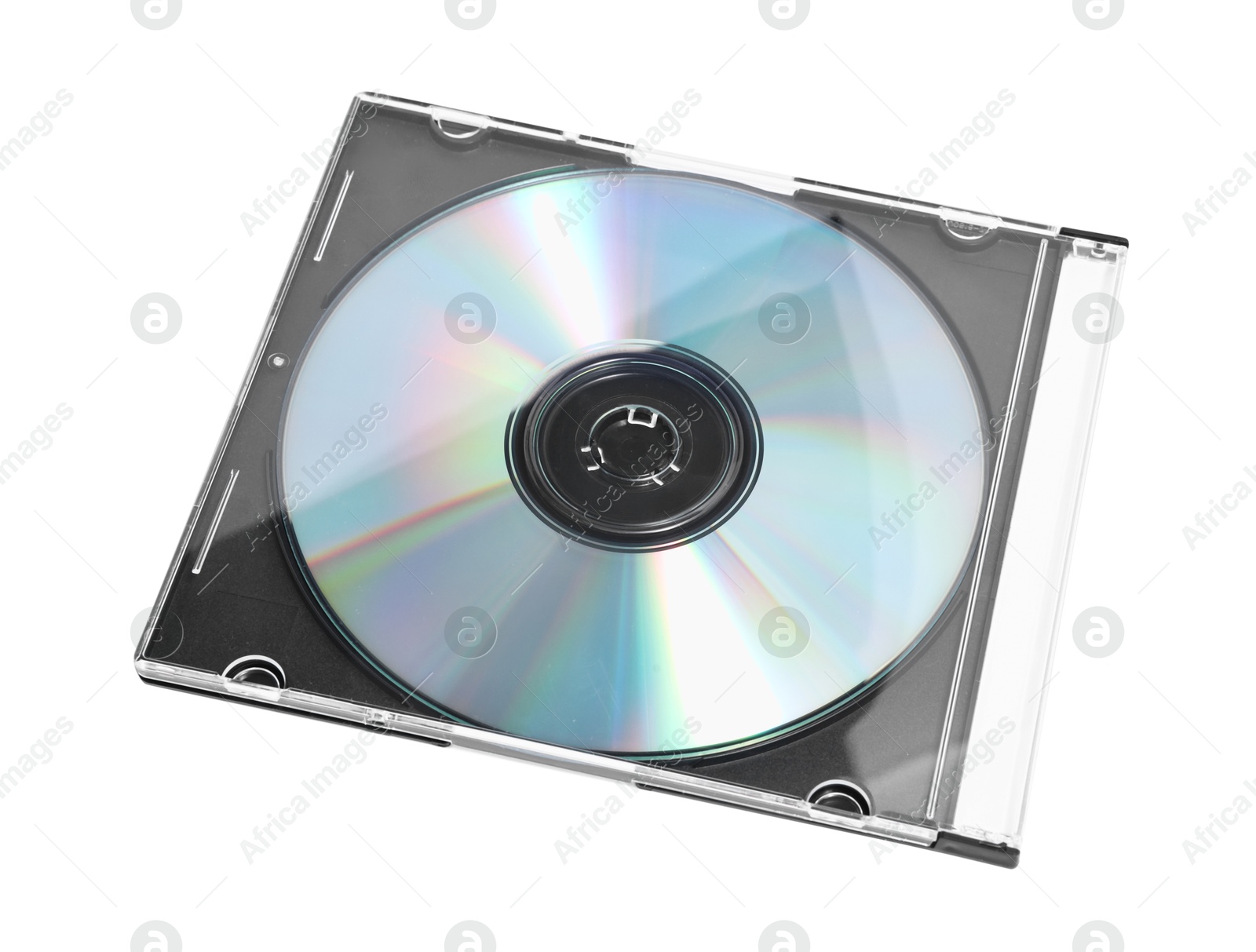 Photo of Shiny compact disc in jewel case isolated on white