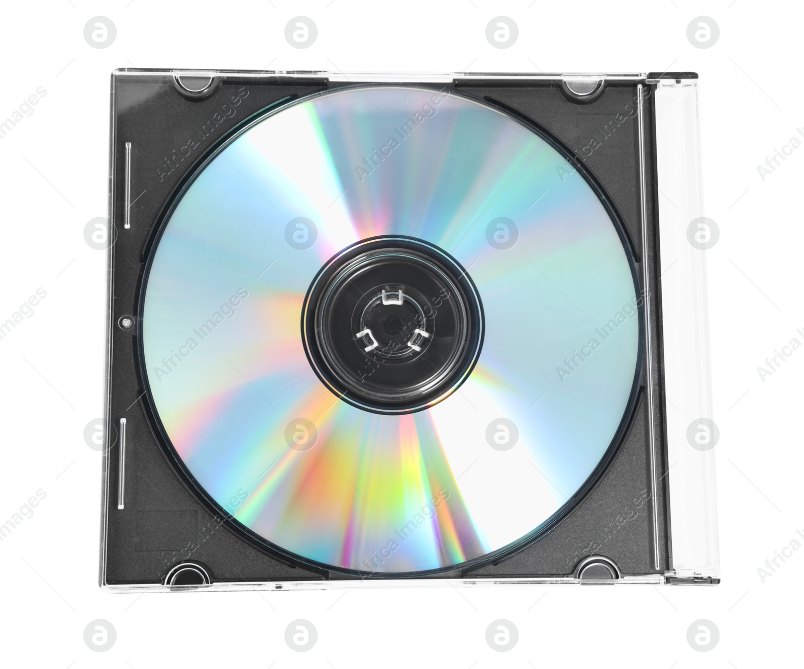 Photo of Shiny compact disc in jewel case isolated on white, top view