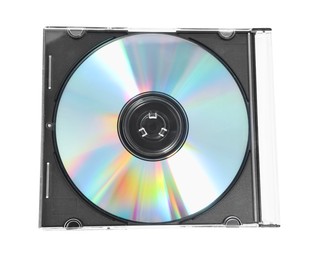 Photo of Shiny compact disc in jewel case isolated on white, top view