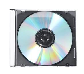 Photo of Shiny compact disc in jewel case isolated on white, top view