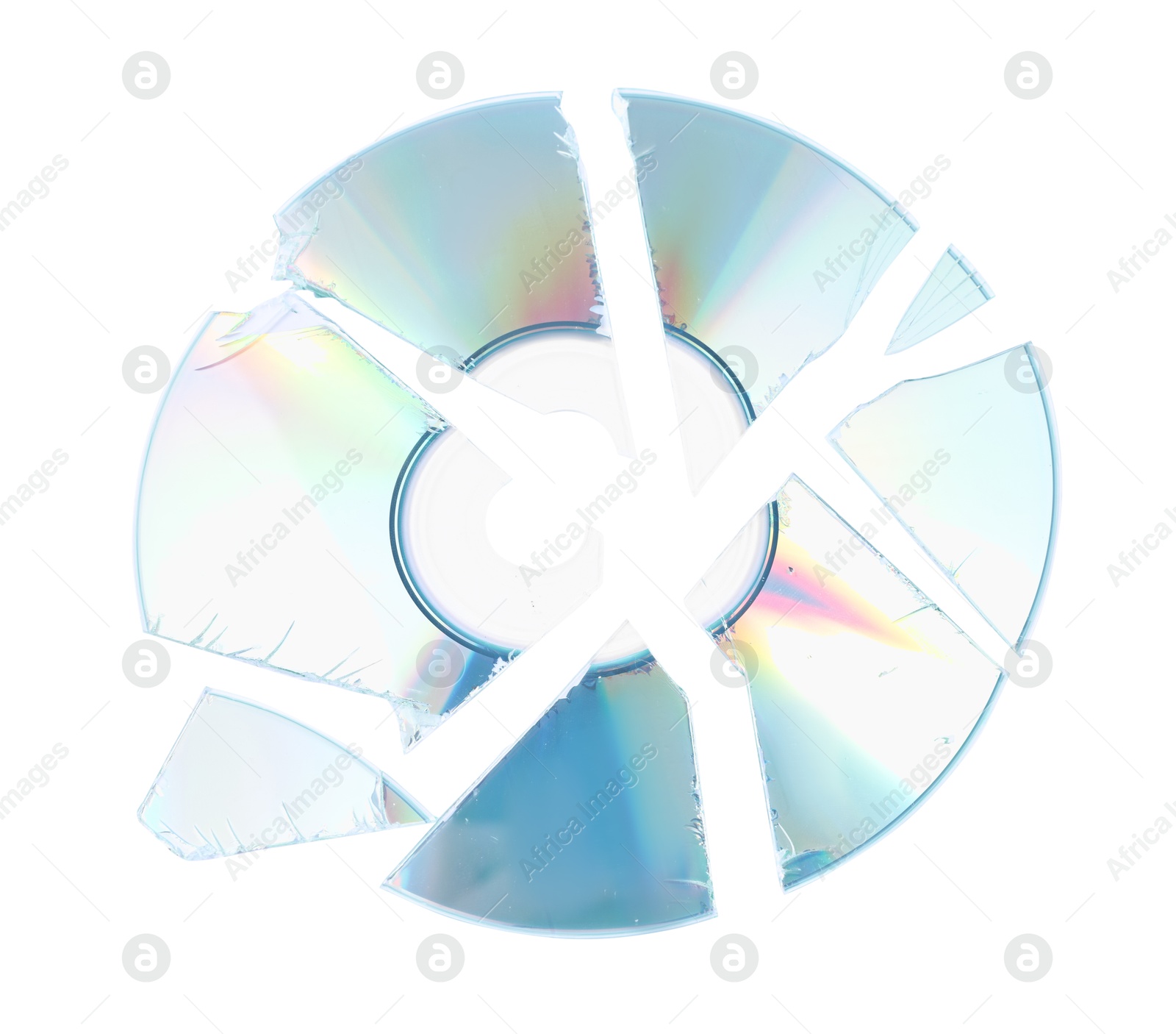 Photo of Broken compact disc isolated on white, top view