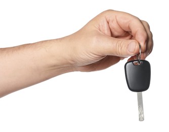 Photo of Man with car key on white background, closeup