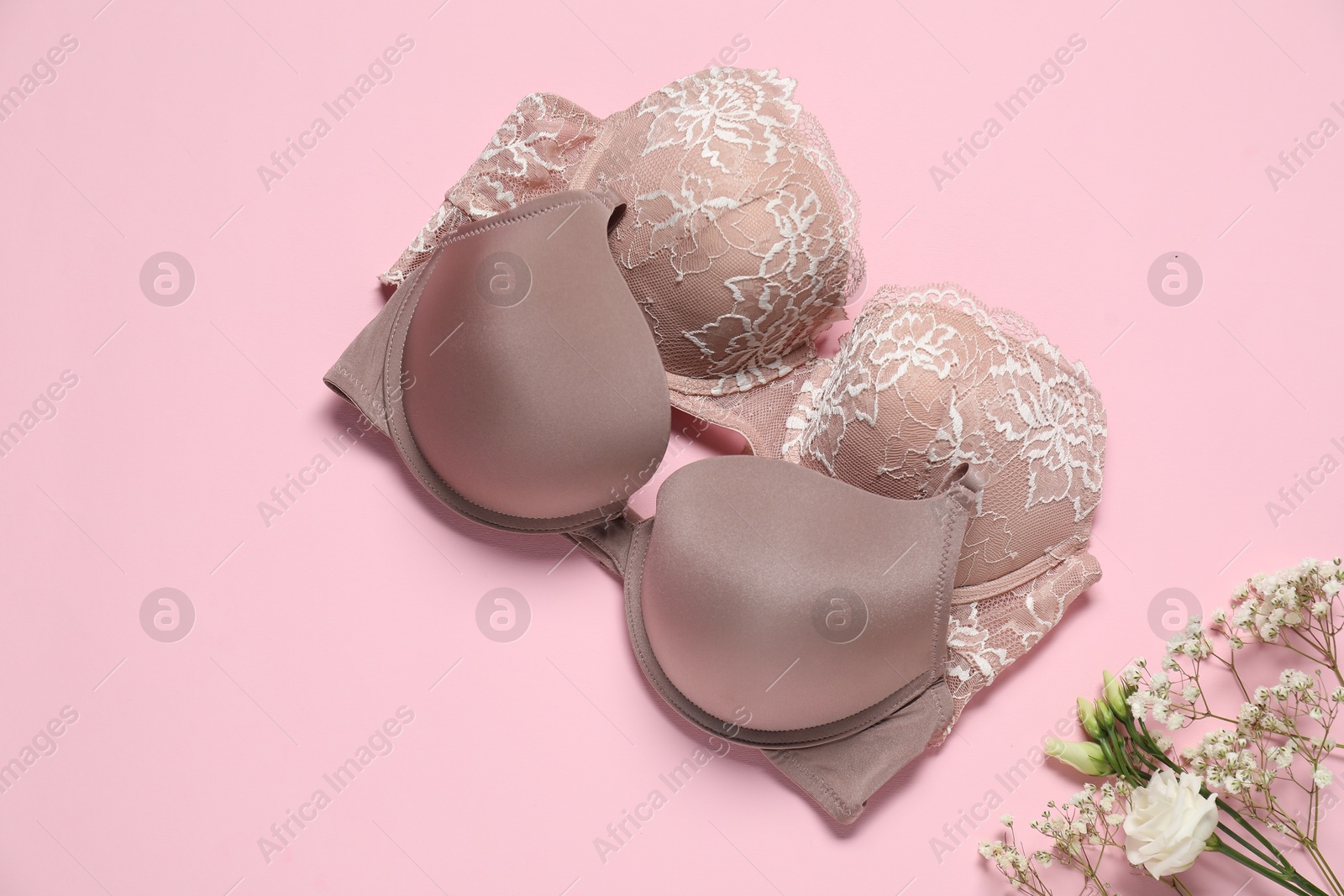 Photo of Beautiful bras and flowers on pale pink background, flat lay