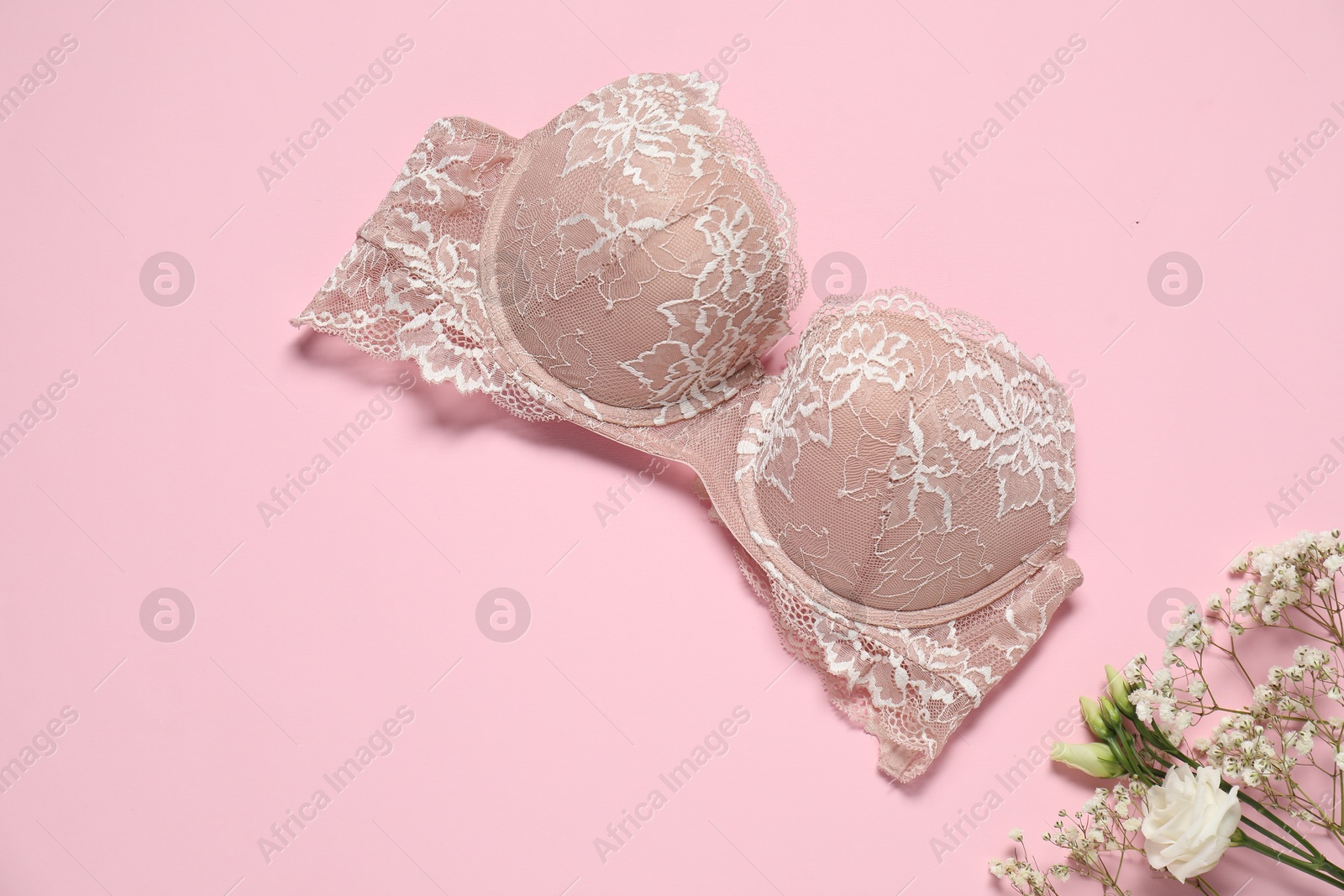 Photo of Beautiful lace bra and flowers on pale pink background, flat lay