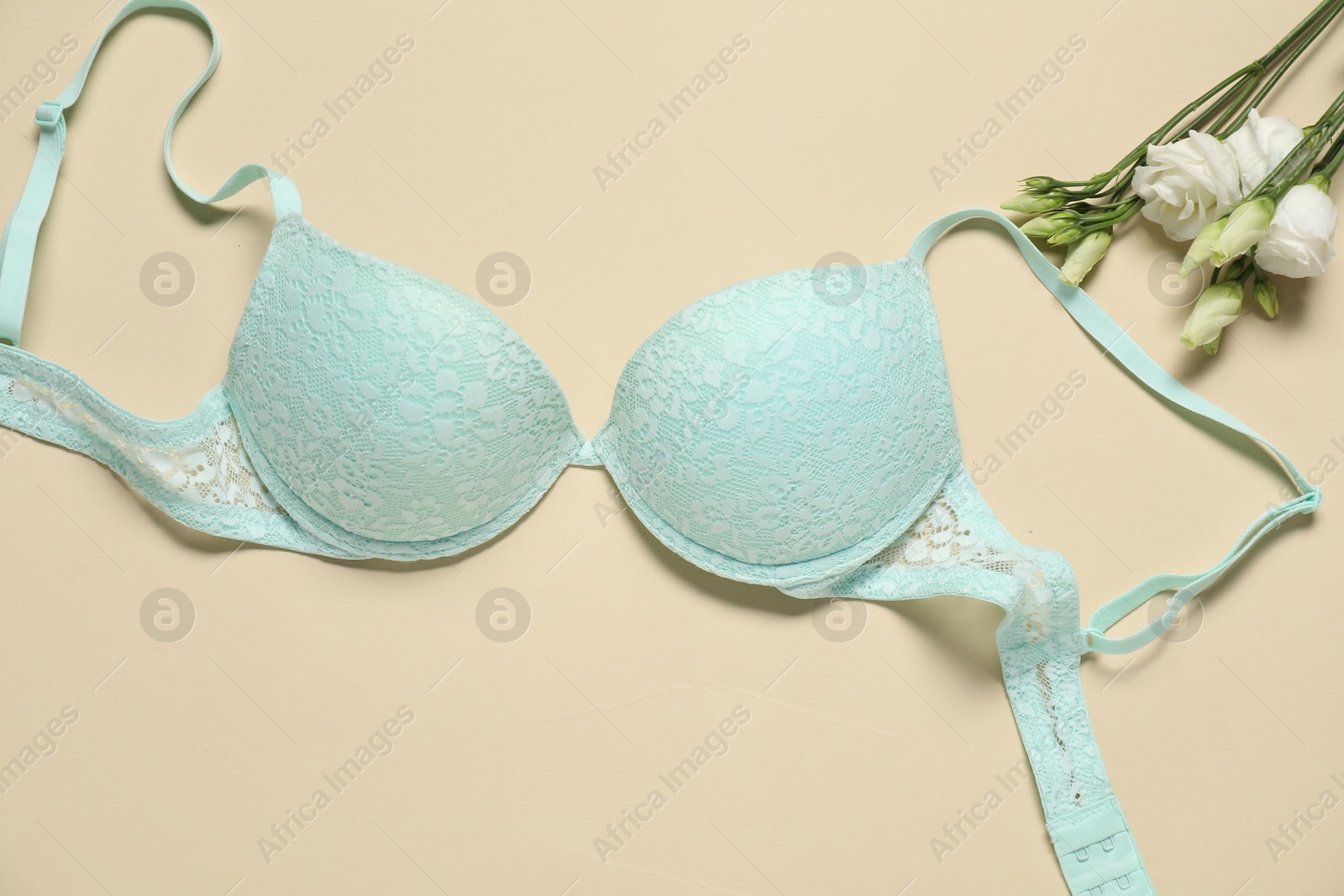 Photo of Beautiful turquoise bra and flowers on beige background, flat lay