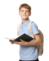 Photo of Portrait of teenage boy with notebook and backpack on white background