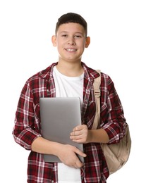 Photo of Portrait of teenage boy with laptop on white background